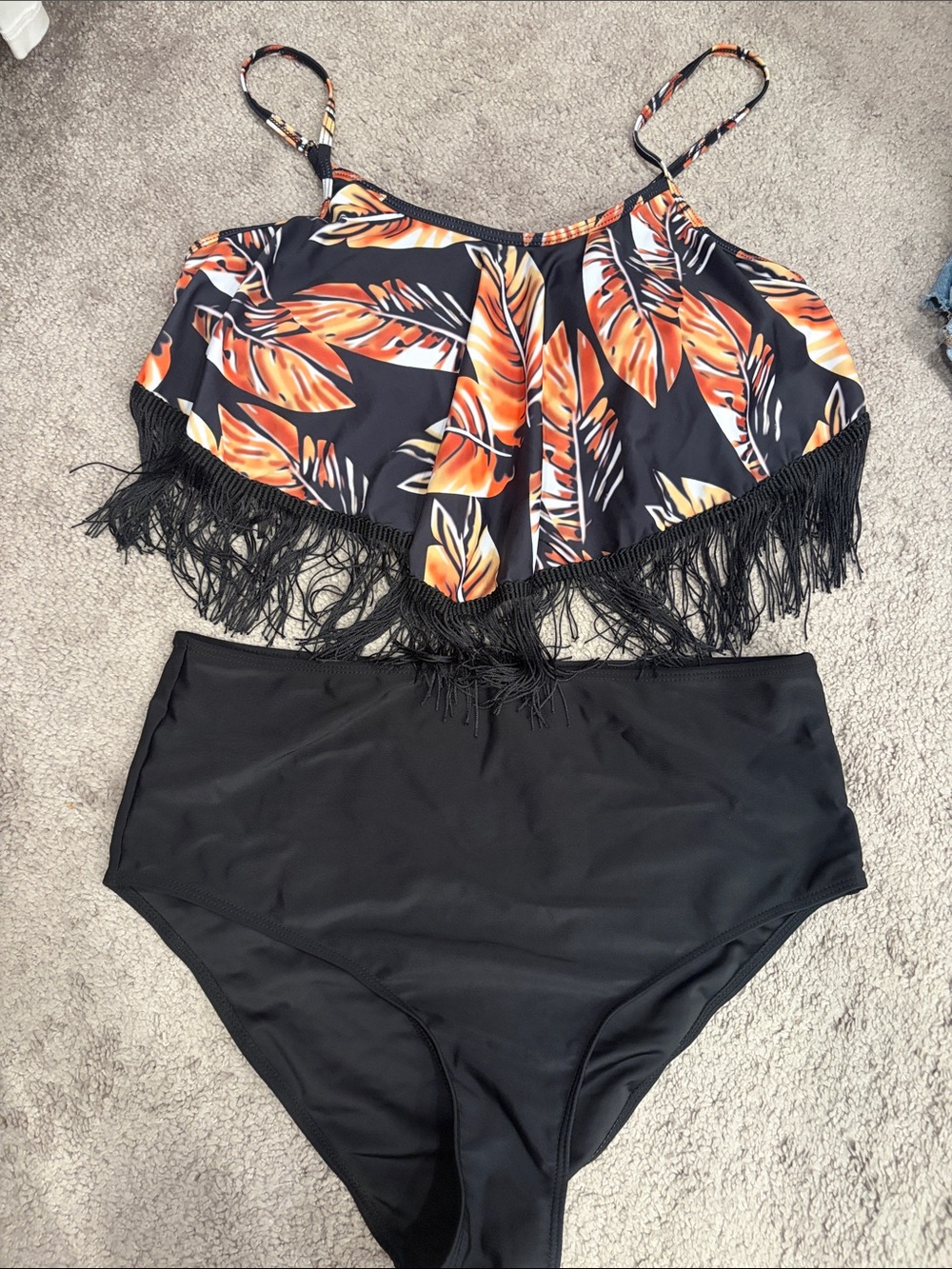 Tropical Fringe Two-Piece Bikini — Black with Orange Leaf Print